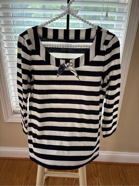 Talbots Dark Navy and White Striped Long Sleeve Boatneck Top